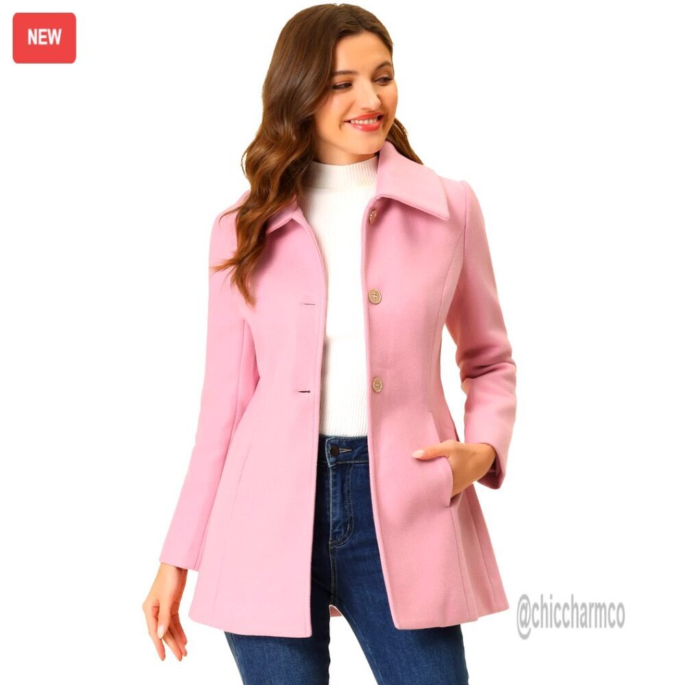 Women's Vintage Wool Pea Coat with Turn-Down Collar and Pockets